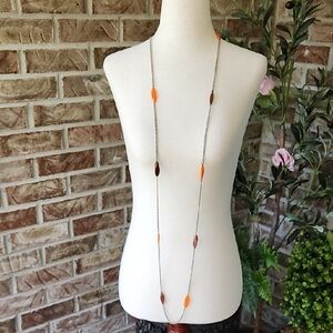 Long Silver Cable Link Necklace With Orange and Wooden Station Accents